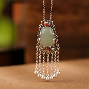 925银镶天然和田玉南红吊坠女古风国潮个性流苏项链气质优雅挂坠