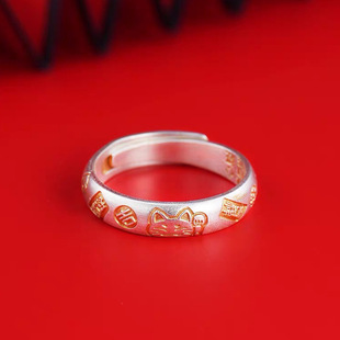 吉言戒指描金招财猫新中式仿925纯银古风高级感轻奢可爱活口指环