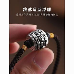 S925纯银貔貅招财转运珠吊坠复古小众潮流男款转运珠子可转动项链