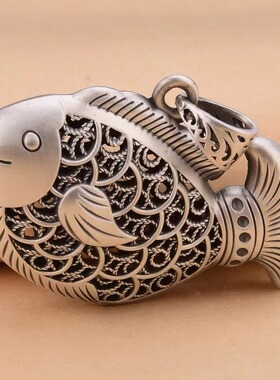民族风925纯银小鱼复古花丝毛衣链吊坠镂空鲤鱼女款长款项链挂件