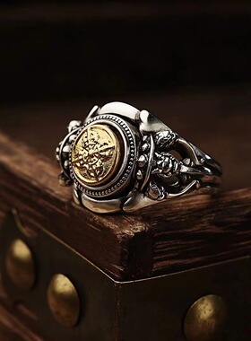 S925纯银复古莲花摩羯戒指男士个性时尚霸气可旋转镂空开口指环