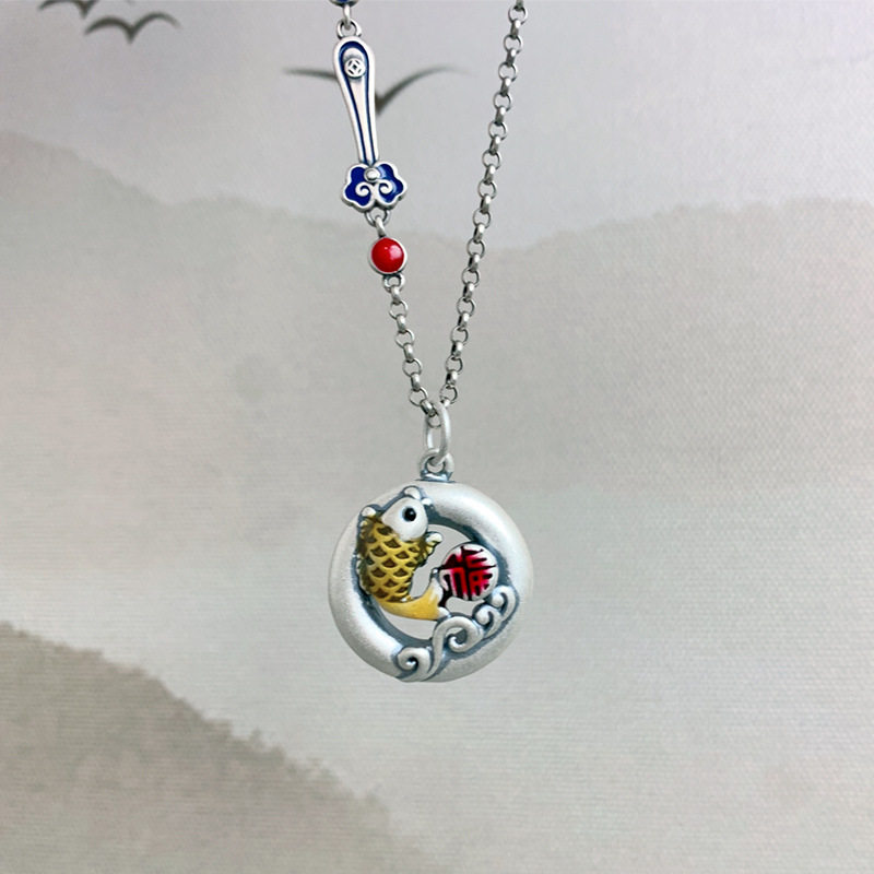 s925纯银民族风个性平安扣福气鱼吊坠女锦鲤金鱼项链小众项坠挂饰