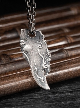 S925纯银原创复古风个性关公大刀吊坠项链男士霸气关羽武圣挂坠