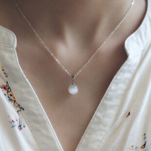 天然猫眼石吊坠女款简约复古玉髓纯银锁骨链珍珠链小巧颈链饰品