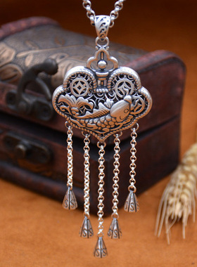 民族风复古平安长款流苏长命锁银
