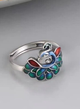 纯银简约个性立体银孔雀戒指