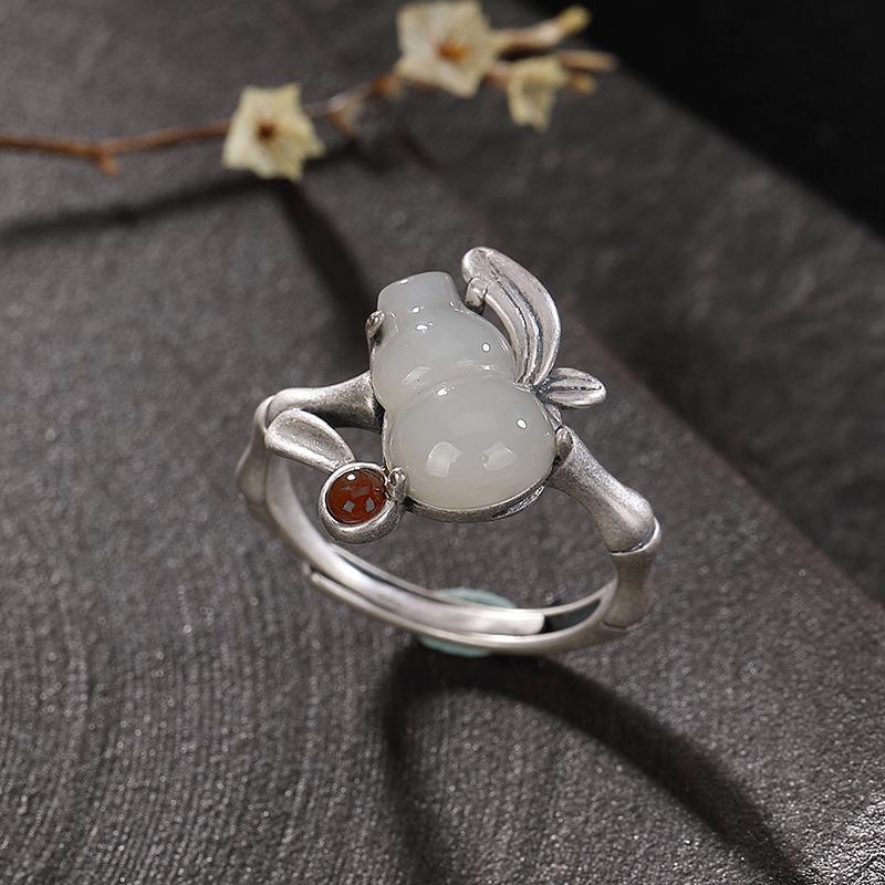 民族风S925纯银葫芦戒指女个性复古百搭白玉髓开口可调节食指指环