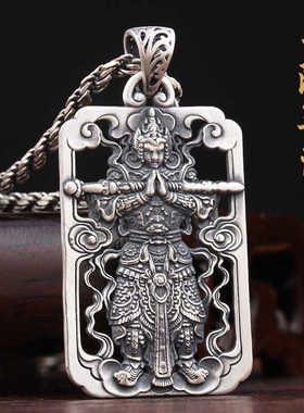复古方牌仿纯银韦陀菩萨吊坠实心佛牌霸气个性百搭潮男士项链挂件