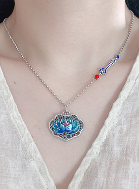 莲花心经项链男女绘琅荷花如意锁