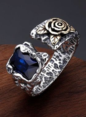 复古小众陨石坑仿纯银戒指男玫瑰高级感个性时尚男女开口锆石指环