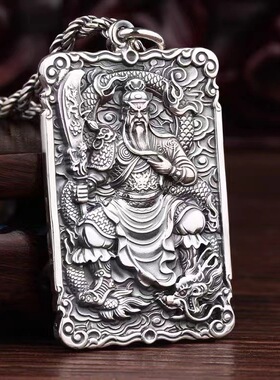 纯银999关公吊坠足银实心复古方牌关羽武财神霸气潮男士项链挂件