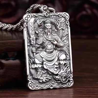 纯银999关公吊坠足银实心复古方牌关羽武财神霸气潮男士项链挂件