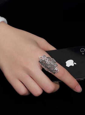 复古民族风食指戒指女藏银时尚个性轻奢高级感夸张大指环2024新款