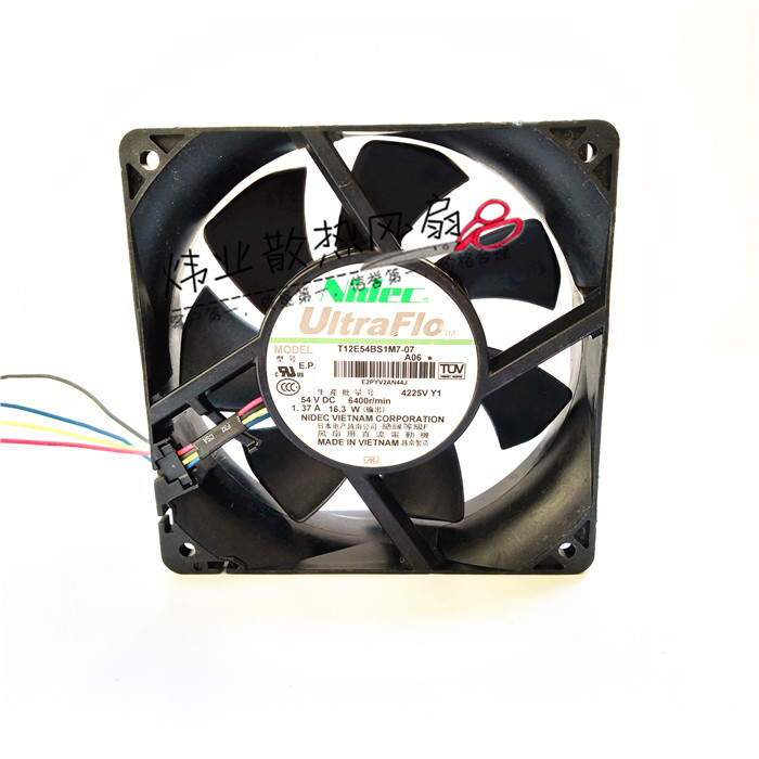 品牌：NIDEC风扇

电压：DC 54V

电流：1.37A

规格：120*120*38MM

轴承：双滚珠轴承

引线：4线