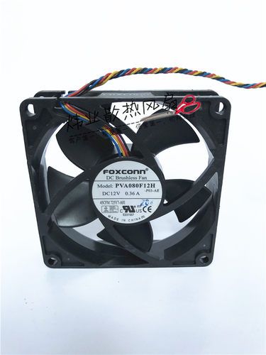 产品描述：

品牌：FOXCONN/富士康

型号：PVA080F12H

尺寸：80*80*20MM

电流：0.36A

电压：DC12V

功率：4.32W

转速：4200RPM
风量：45CFM
尺寸：80X80X20MM

轴承：双滚珠轴承
线长：约16CM
接口：5针四线（PWM温控）