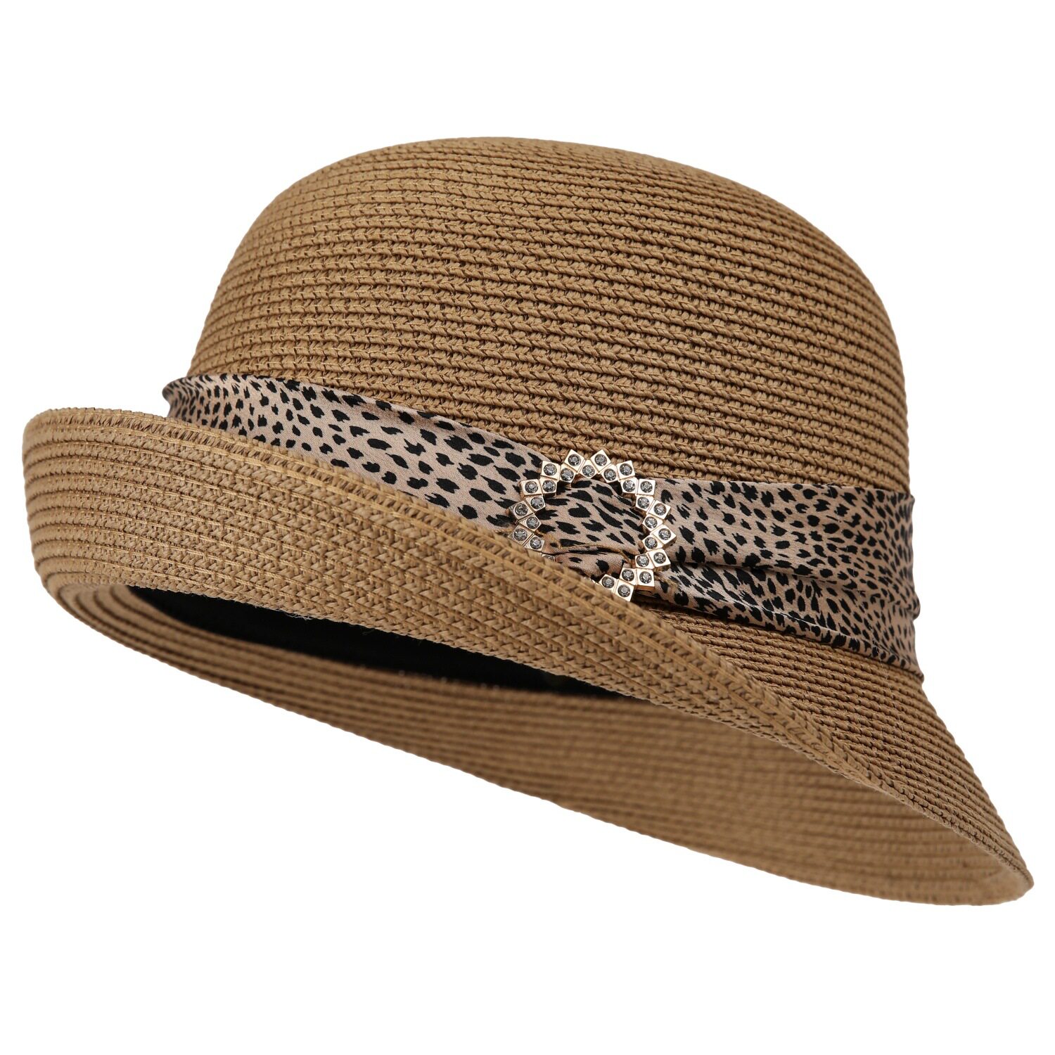 时尚草帽夏优雅法式女帽子豹纹翘边礼帽出游遮阳防晒细草编太阳帽