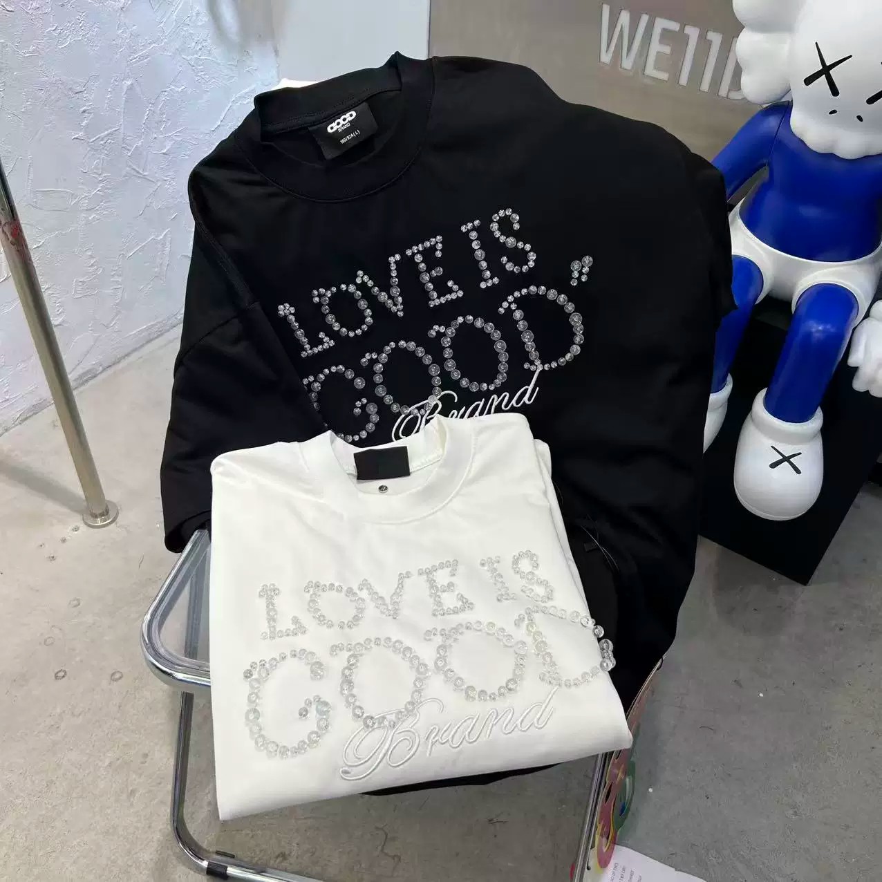 GOODBRAND短袖t恤透明钉珠刺绣字母潮牌宽松休闲百搭重磅纯棉半袖