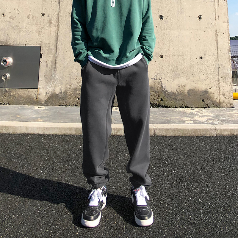 HAMB 2025春秋美式高街纯色加绒束脚卫裤男宽松锥形潮篮球