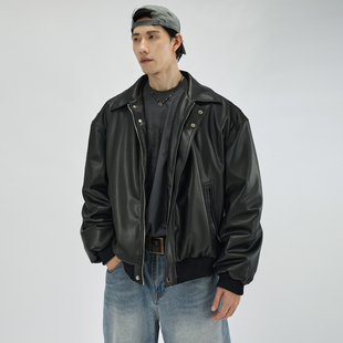 HAMB原创2025冬季新品美式bomber复古机车PU皮衣短夹克外套男防风