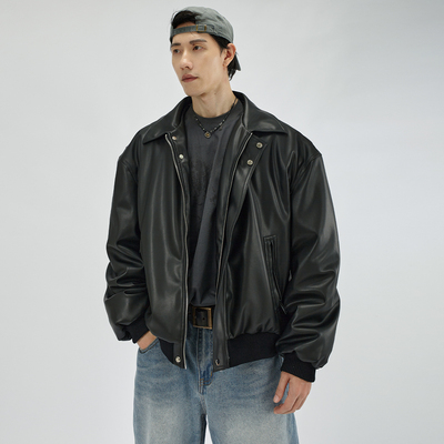 HAMB原创复古机车PU皮衣夹克翻领