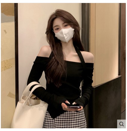 性感一字肩挂脖长袖T恤