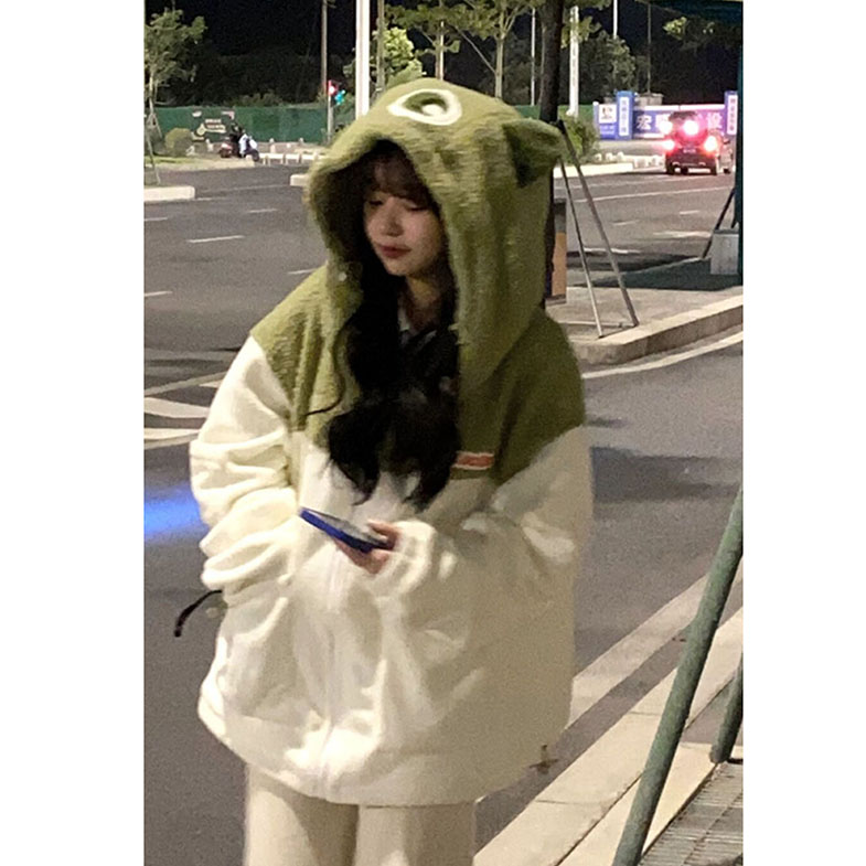 秋冬日系学院少女学生可爱耳朵羊羔毛加绒加厚毛茸茸卫衣连帽外套