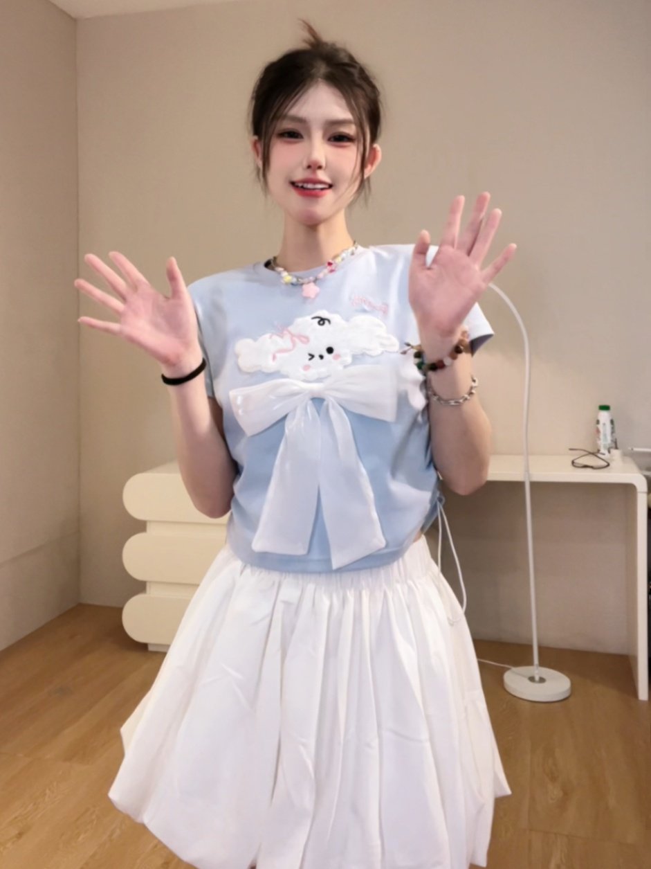 日系可爱毛绒小狗短袖T恤女夏季小众软妹抽绳修身短款baby蓝上衣.