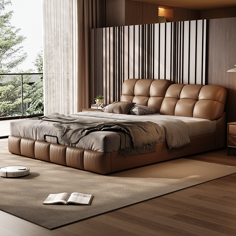 意式极简多功能真皮床主卧室大床现代轻奢高级感软包婚床2025新款