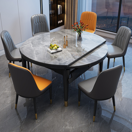 伸缩餐桌现代简约轻奢小户型家用可伸缩折叠方圆两用圆形岩板餐桌