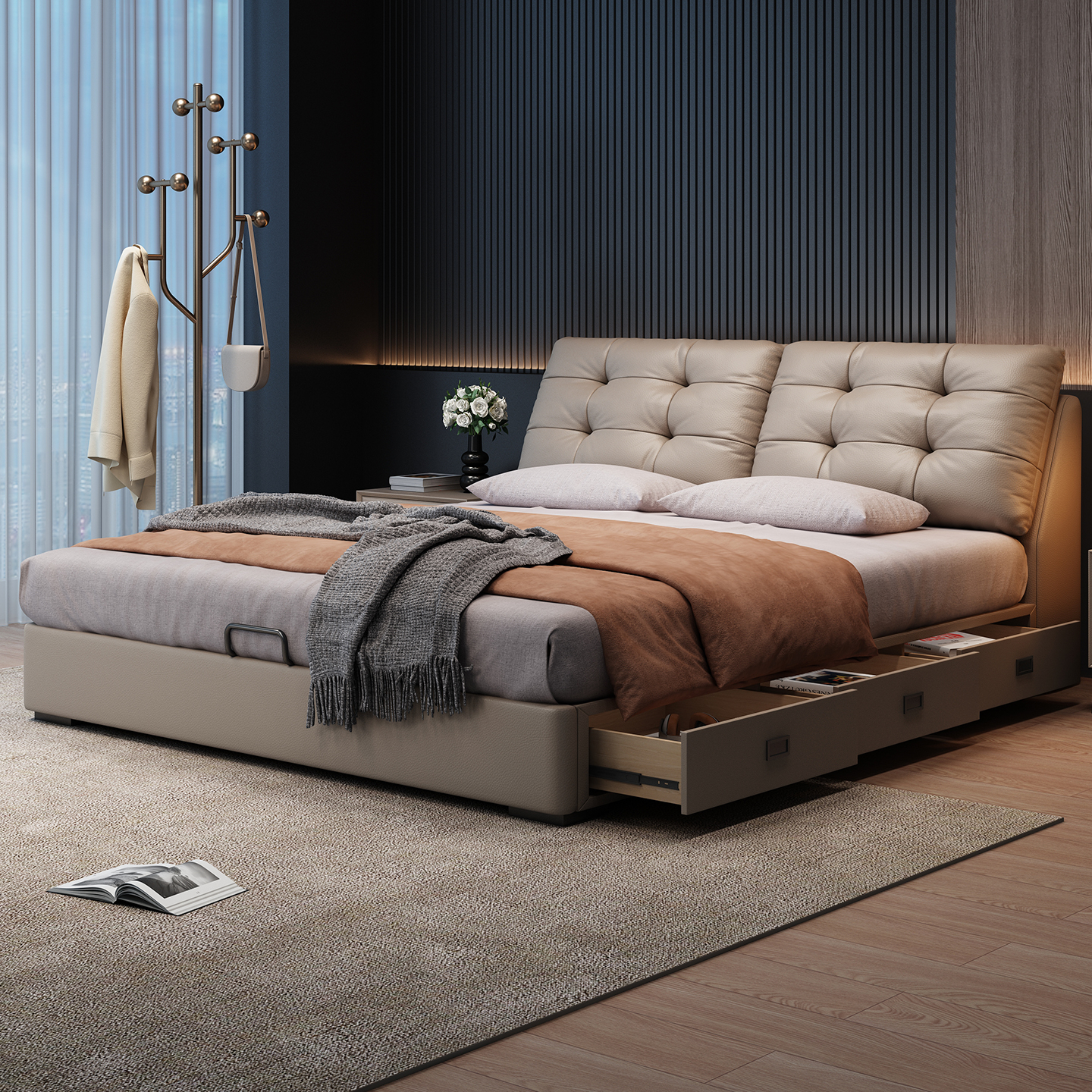 真皮床带储物空间现代简约抽屉床主卧高端大气软包双人床2025新款