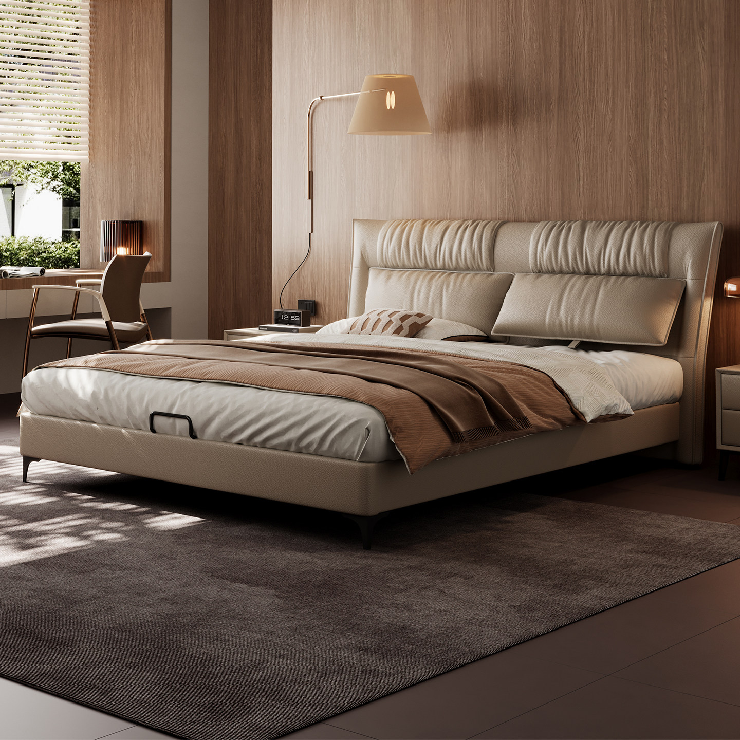 意式极简真皮床1米8双人床现代简约轻奢高级感主卧大床2米x2米2