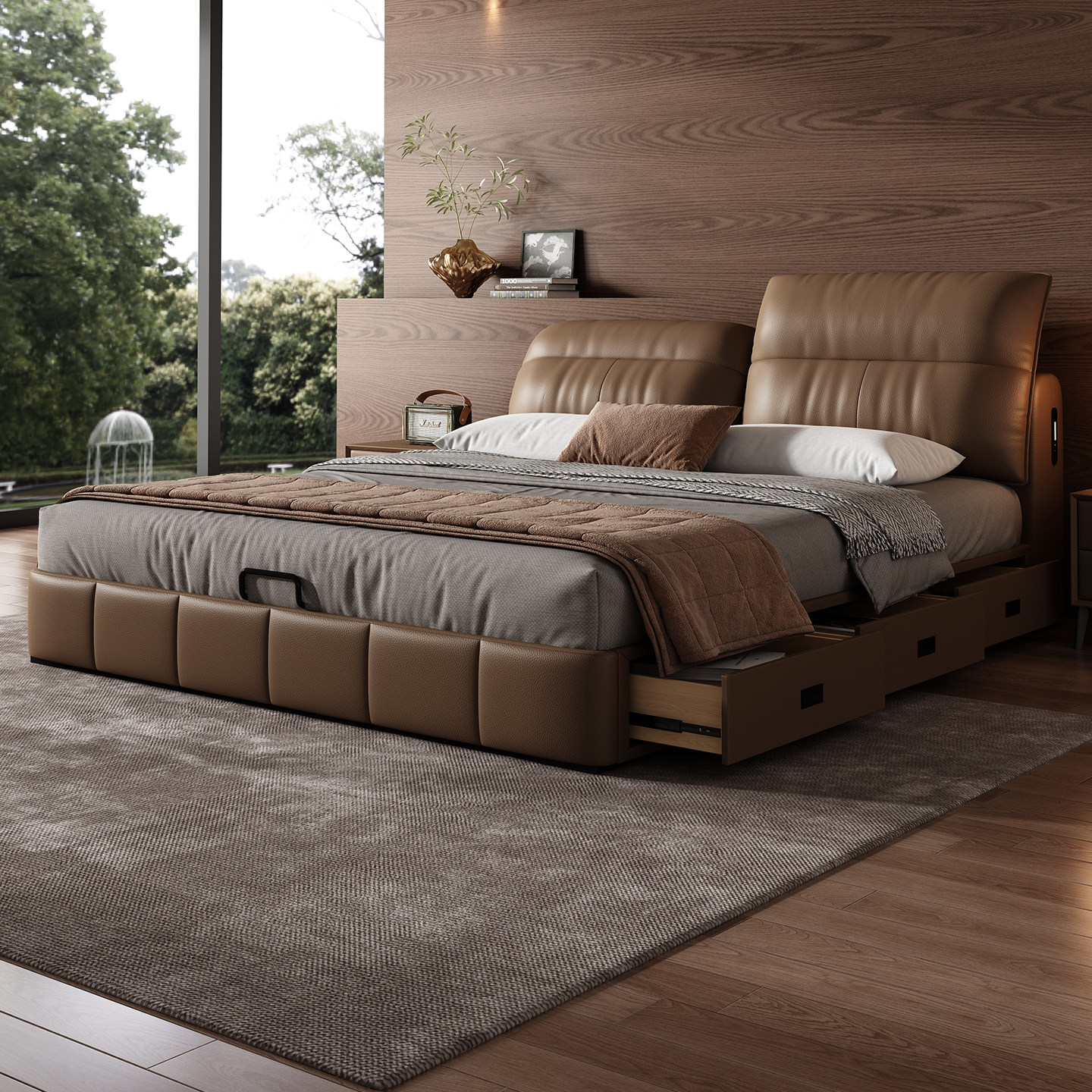 意式极简真皮床多功能1米8双人床带储物空间现代简约轻奢软包婚床