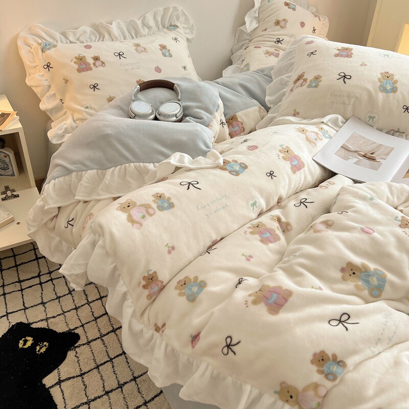 A类母婴级少女心宝宝绒四件套冬季加厚珊瑚牛奶绒床单被套公主风4