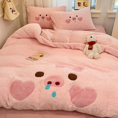 A类母婴级羊羔绒四件套冬季卡通