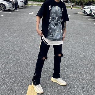 复古黑色高街破洞牛仔裤 男ins休闲裤 长裤 小脚中腰裤 潮 修身 FOG风格