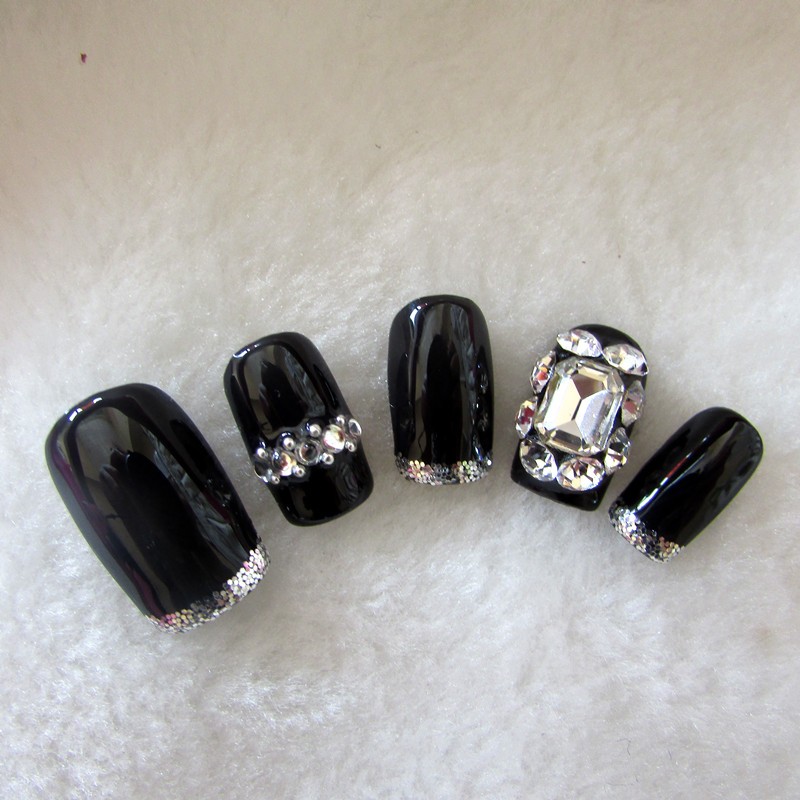 黑法式长方砖纯手工定制穿戴甲成品假指甲贴片美甲成品中长方显白