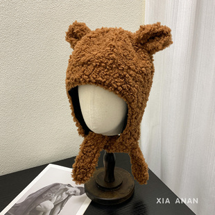 日系软萌可爱小熊耳朵毛绒护耳帽女冬季时尚加厚保暖围巾一体帽子