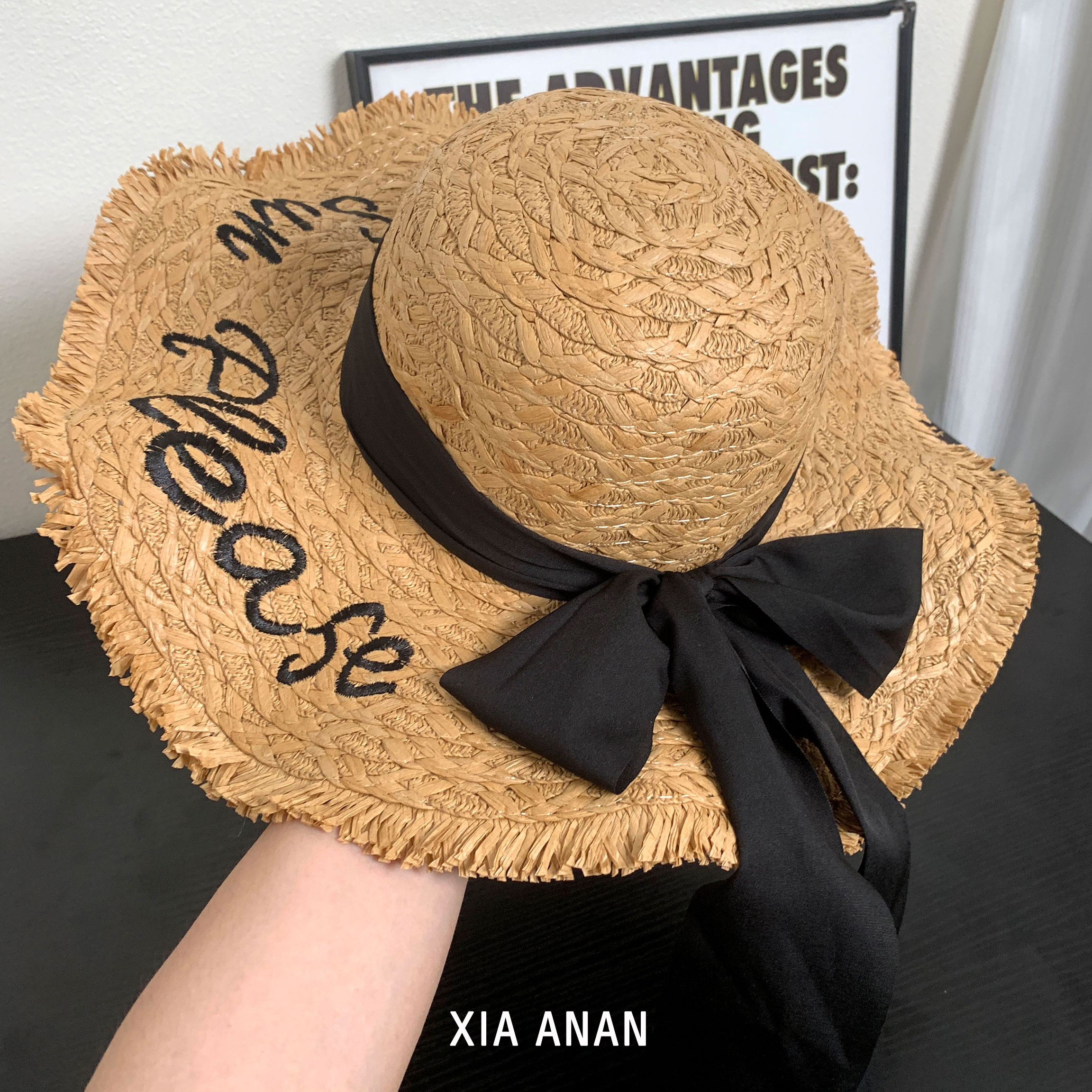 法式度假风草编帽女夏季防晒遮阳帽大帽檐波浪边字母刺绣太阳帽子