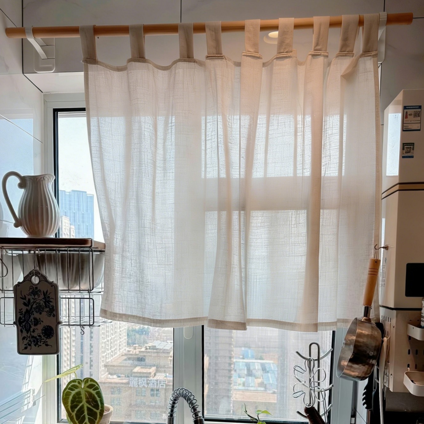 厨房免打孔穿杆吊带窗帘半遮窗户遮挡挂帘亚麻半帘透光门帘可定制