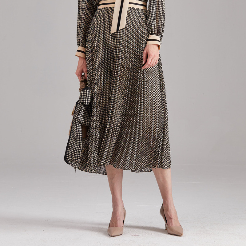 欧柏兰奴秋冬女装轻奢高端通勤千鸟格纹中长款收腰a字百褶半身裙