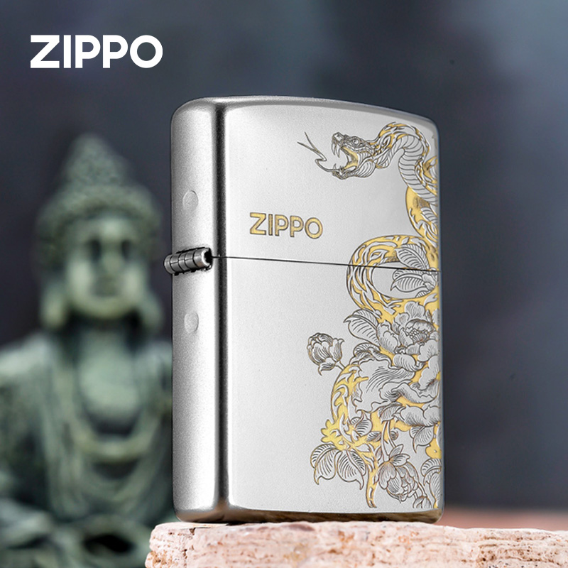 zippo打火机灵蛇牡丹官方正版芝宝防风煤油打火机 雕刻送男友礼物