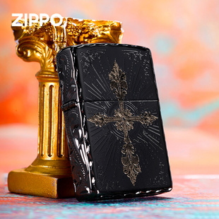 zippo打火机 防风送男友新年礼物 十字光焰黑曜冰繁花咬边芝宝正品
