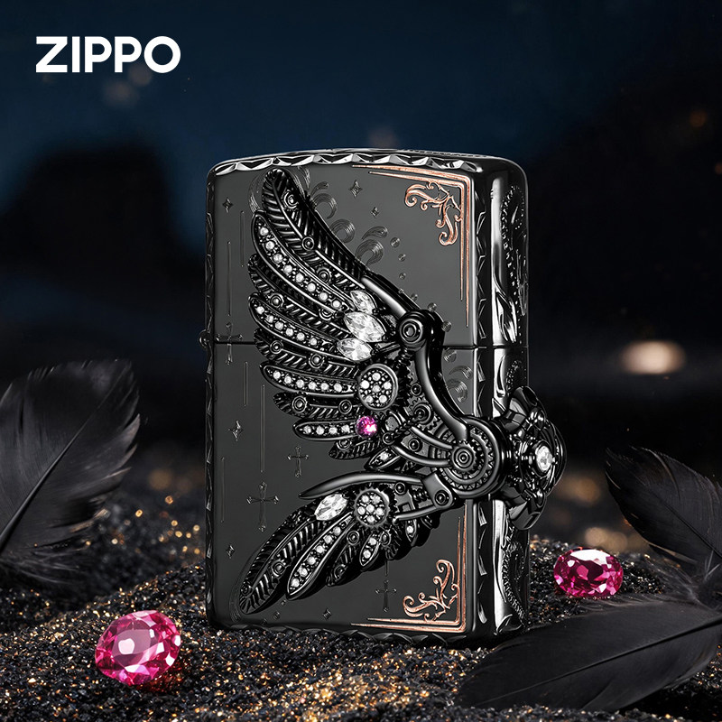 zippo打火机正品 星芒双翼三面徽章热恋羽翼雕刻镶钻七夕礼物生日