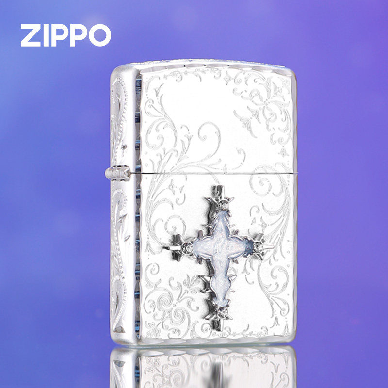 zippo打火机正品 雪锻缠星繁花咬边雕刻十字贴章送男朋友新年礼物