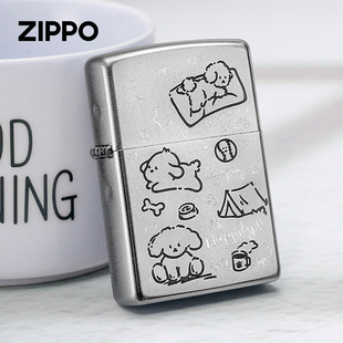 zippo防风煤油打火机 芝宝男女生日礼物 调皮小狗磨砂雕刻官方正版