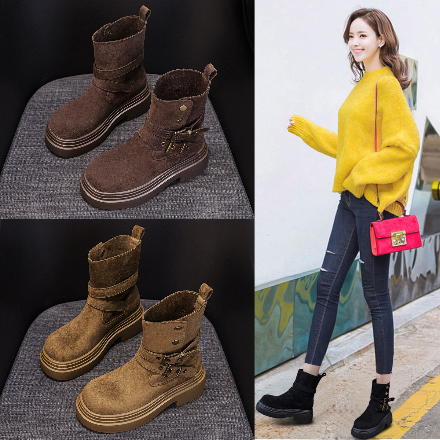 厚底马丁靴女2025年新款秋季女鞋休闲时尚中筒靴小个子增高短靴