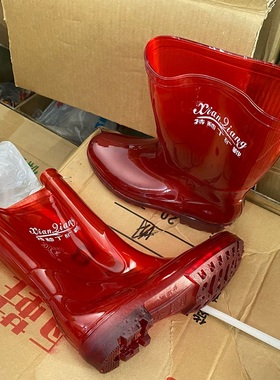 先强128茶红色中筒无内里布雨鞋男女防水工作鞋户外雨天水靴钓鱼