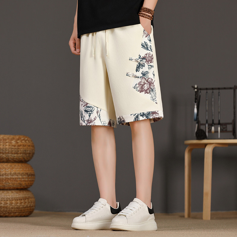 CMKC夏季薄款直筒拼接新中式国潮短裤男印花抽绳休闲五分裤宽松