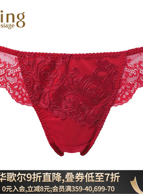 华歌尔Wing丁字裤女性感红色透肤蕾丝立体刺绣低腰女士内裤8000G