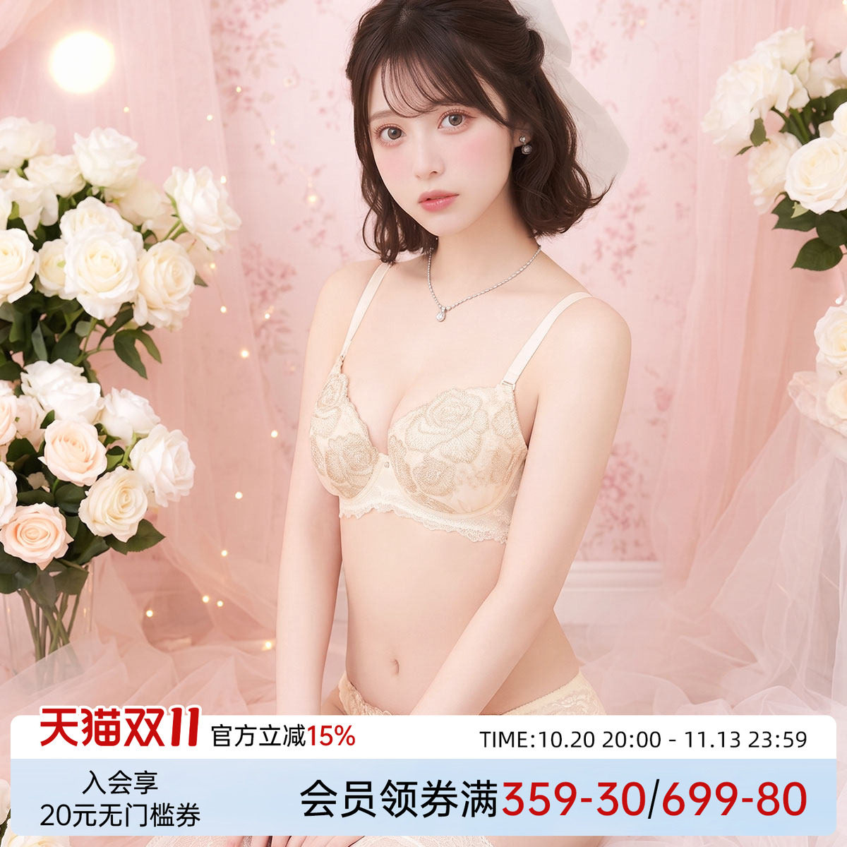 诗萝涵朵SHIROHATO内衣套装女小胸聚拢收副乳雪纺蕾丝性感文胸罩